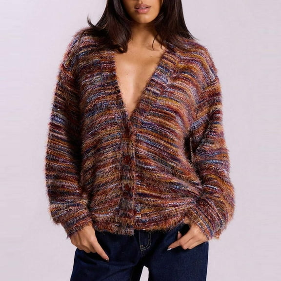 Aueoeo Winter Sweaters Work Sweater Women V-Neck Sweater Comfortable Fashion Long - Sleeve Fuzzy Cardigan Sweater Coat Tops Dressy Sweaters