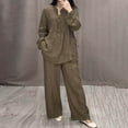 thumbnail image 1 of Aueoeo Women 2 Piece Linen Set Casual Outfits Long Sleeve Button Shirt Wide Leg Pants Vacation Beach Streetwear, 1 of 6