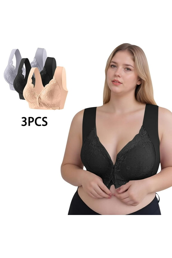 Women 3 Pack Front Closure Bra Comfortable Plus Size Fashion Bras for Women with Adjustable Straps Front-Close