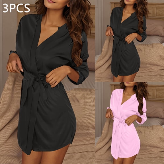 Aueoeo Women 3 Pcs Silk Robes Knee Length Bathrobe Lightweight Soft Sleepwear V-neck Casual Robe Loungewear For Ladies