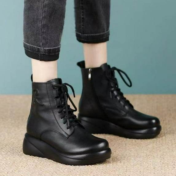 Aueoeo Women Boots, Women's Ankle Boots Lace Up Mid Calf Booties for Lady Low Heel Round Toe Fall Booties Flat Shoes