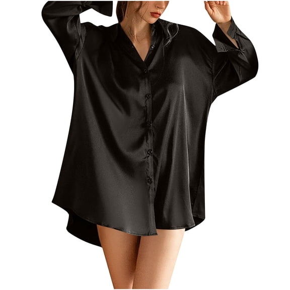 Aueoeo Women Button Up Shirts Stain Silk Long Sleeve Sleep Shirts Lightweight Sleep Shirts Nightshirts