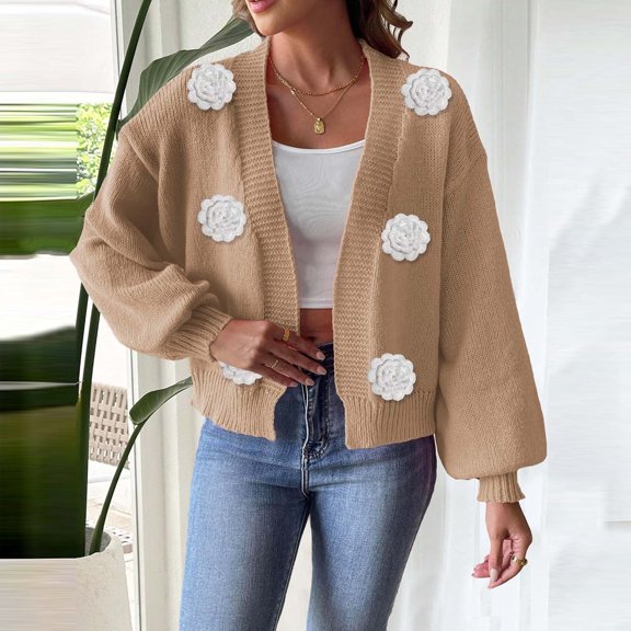 Aueoeo Women Cardigan Sweaters Long Sleeve Lightweight Open Front Crochet Knit Fashion Fall Sweaters Tops With Flower