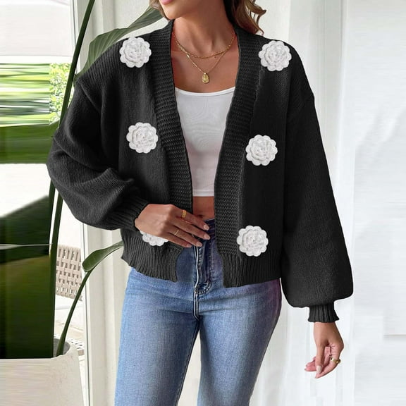 Aueoeo Women Cardigan Sweaters Long Sleeve Lightweight Open Front Crochet Knit Fashion Fall Sweaters Tops With Flower