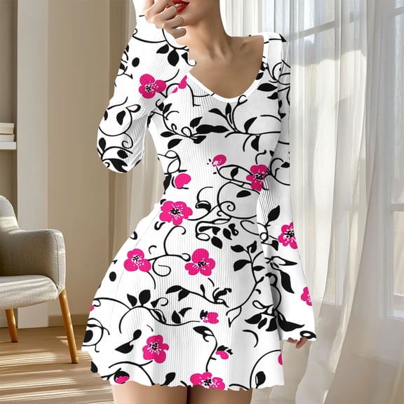 Aueoeo Women Casual Dress Long Sleeve Flowy Dress Crew Neck Short Dress Graphic Printed Tunic Mini Dresses