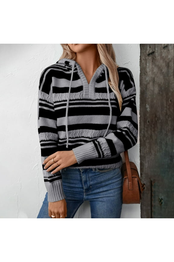 Women Casual Sweater Striped Drawstring Hoodie Knit Sweater Crew Neck Long Sleeve Pullover For Gifts