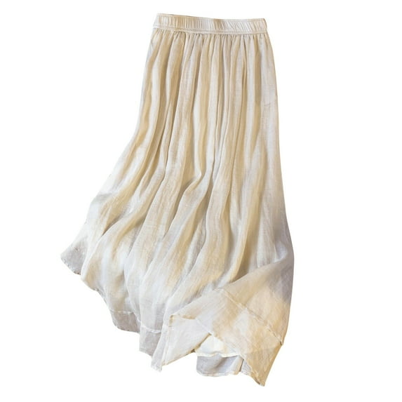 Aueoeo Women Cotton Linen Flowy Skirt Bohemian Beach A-Line Maxi Skirt Double Layer Elastic Waist Long Dress Beige L