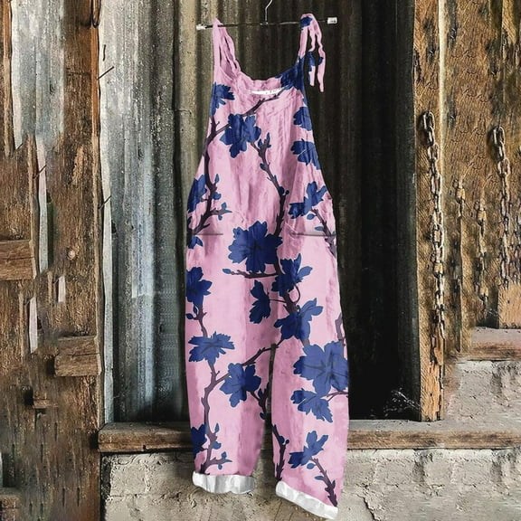 Aueoeo Women Dressy Romper Casual Linen Comfy Girls' Jumpsuits Print Sleeveless U Neck Bib Jumpsuit With Two-Pockets