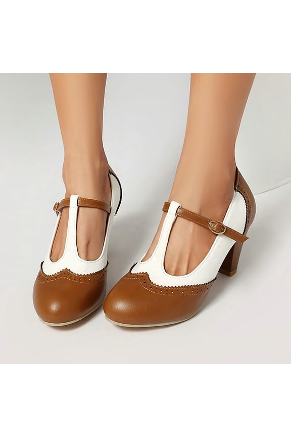 Women Elegant Heel Pumps Shoes Ankle T-Strap Round Closed Toe Cut-Out Dress Shoe Heels Work Office Wedding Shoes