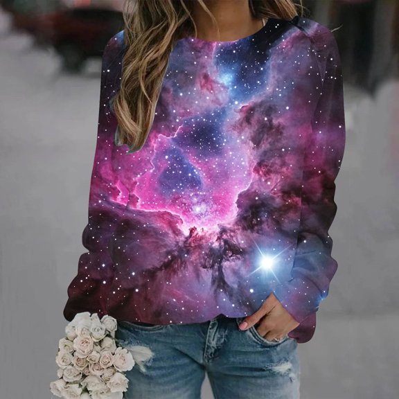 Aueoeo Women Fall Tops, Women's Pullover Women's Printed Sky Round Neck Loose Fitting Hoodie Custom Pullover