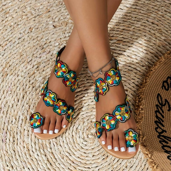Aueoeo Women Flat Beach Sandals Flower Accessory Round Toe Shoes Summer Bohemian Ankle Strap Comfortable Sandals