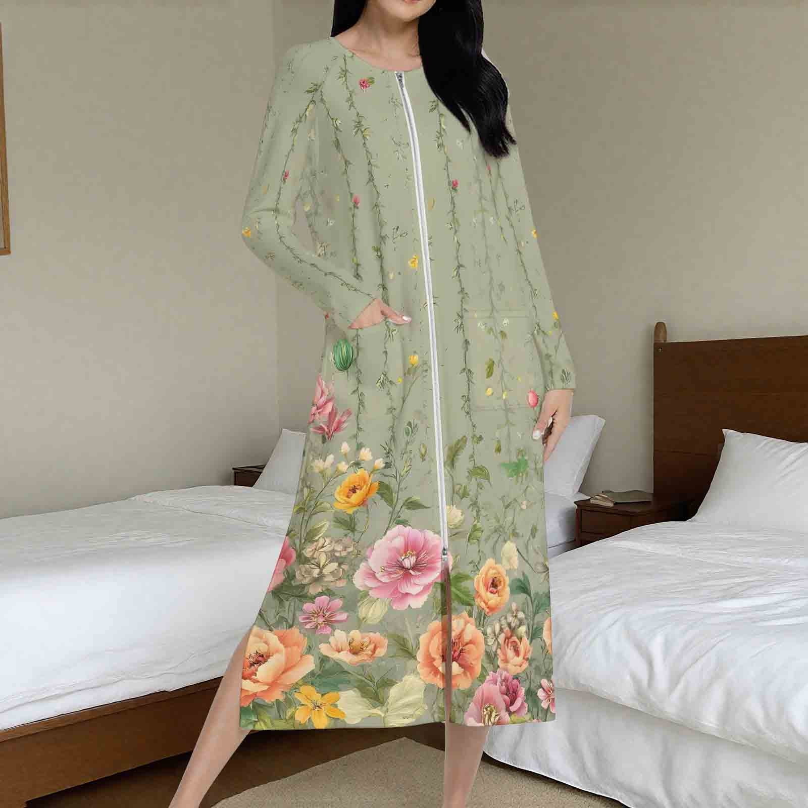 Coat Front Robe Aueoeo Women Floral Printed Robes House Coat Zipper Front Robes Full ...
