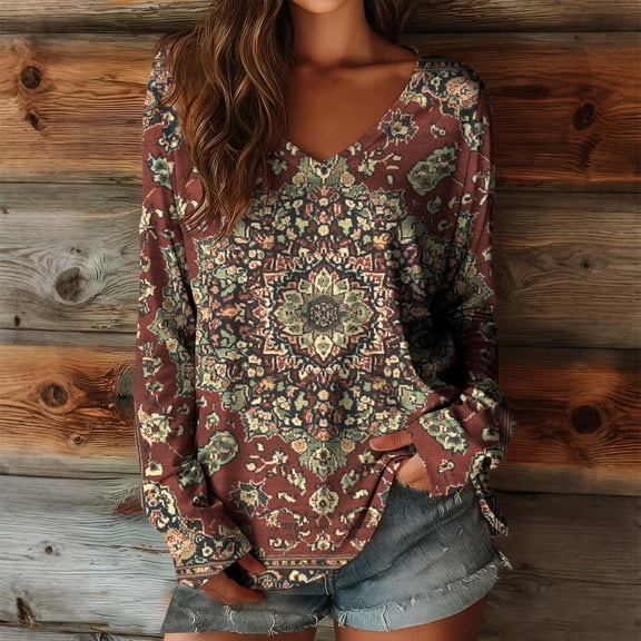 Aueoeo Women Floral Printed Tops Long Sleeve Comfortable Shirts Dressy Business Casual Blouses Trendy V Neck Tunic Tees