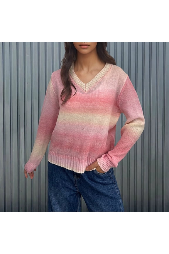 Women Gradient Color Sweaters Casual Crew Neck Long Sleeve Relaxed Fitted Pullover Sweater Winter Fall Spring Tops