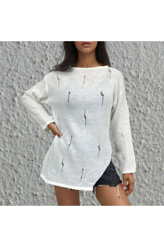 Women Hole-out Crew Neck Sheer Mesh Knitted Sweater Solid Basic Long Sleeve Loose Fitted Knit Pullover Top on Clearance