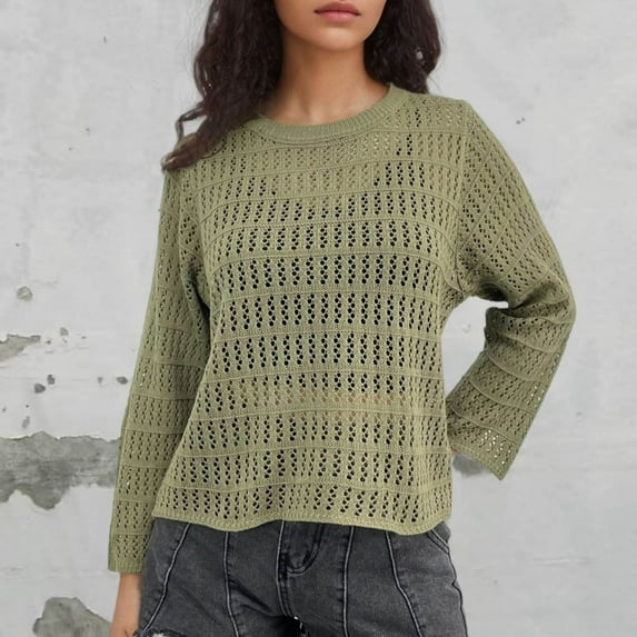 Aueoeo Women Hollow Out Sweater Pullover Loose Long Sleeve Crochet Sweater Knitted Oversized Cover Up Tops on Clearance