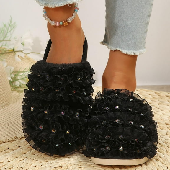 Aueoeo Women Home Slippers Mesh Woven Ribbon Nail Beads Covered Hair Slippers Fashion Fleece Lined Flat Slippers Black