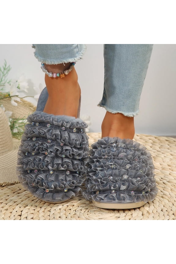 Women Home Slippers Mesh Woven Ribbon Nail Beads Covered Hair Slippers Fashion Fleece Lined Flat Slippers Gray