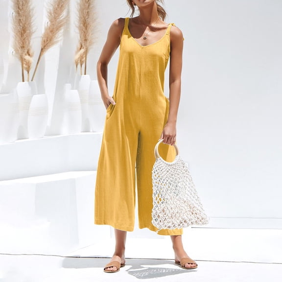 Aueoeo Women Jumpsuit Cotton Linen Sleeveless Sweatsuits Overalls Rompers Baggy Wide Leg Jumpsuits With Pockets