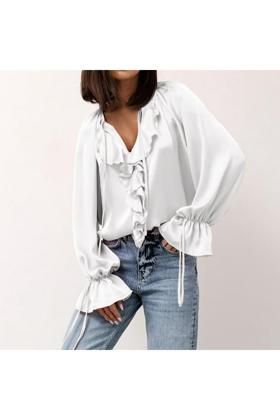 Women Long Flare Sleeve Shirts V Neck Tie Front Collar Ruffle Hem Blouse Ribbed Spring Fall Outfit Elegant Going Out Tops