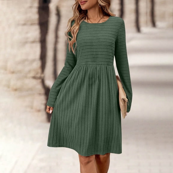 Aueoeo Women Long Sleeve Midi Dress Crewneck Long Sleeve Fall Fashion Casual Flowy A-Line Long Dresses Vacation Outfit