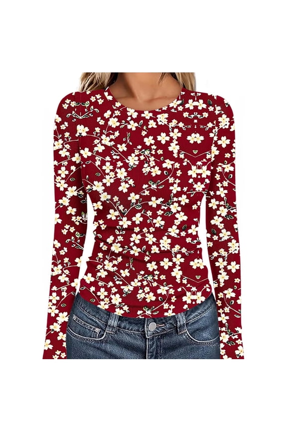 Women Long Sleeve Shirts Crew Neck Rib Knit Slim Fitted Ruched Crop Tops Casual Fall Winter Tight Tops