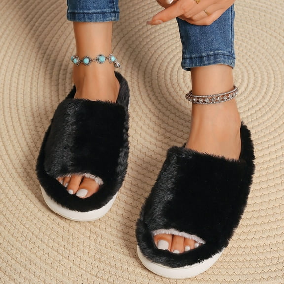 Aueoeo Women Long-haired Slipper Open Toe Comfy Fuzzy Shoes Comfortable Slippers Indoor and Outdoor Slippers