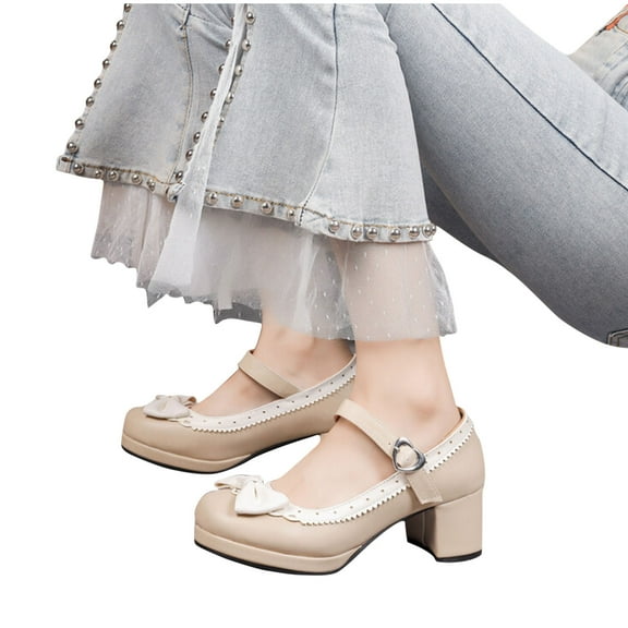 Aueoeo Women Mid Block Heel Shoes Mary Pumps with Bow Chunky Heel Cute Sweet Shoes One Strip Dress Church Wedding Shoes