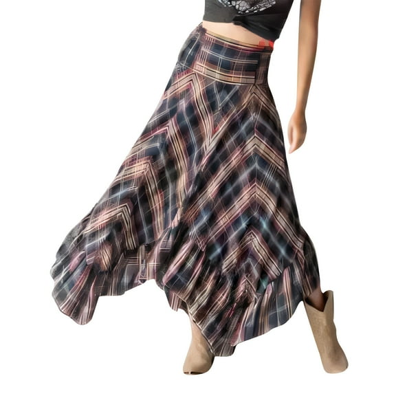 Aueoeo Women Midi Skirts Asymmetrical Hem Long Skirts Pleated Plaid Skirt Vintage A Line Maxi Skirt High Waist Black S