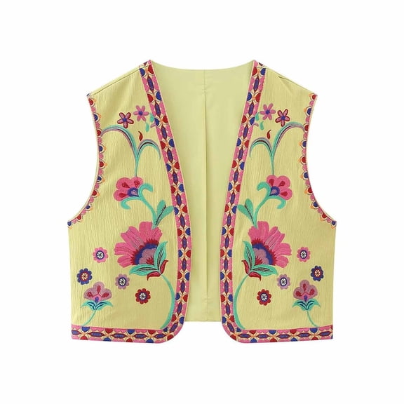 Aueoeo Women Open Front Crop Vests Ethnic Style Vintage Embroidered Floral Vests Top Sleeveless Boho Waistcoat Jacket