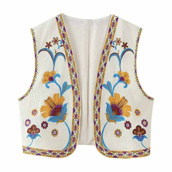 Aueoeo Women Open Front Crop Vests Ethnic Style Vintage Embroidered Floral Vests Top Sleeveless Boho Waistcoat Jacket