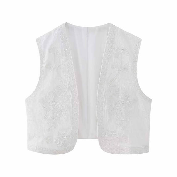 Aueoeo Women Open Front Crop Vests Ethnic Style Vintage Embroidered Floral Vests Top Sleeveless Boho Waistcoat Jacket