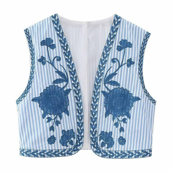 Aueoeo Women Open Front Crop Vests Ethnic Style Vintage Embroidered Floral Vests Top Sleeveless Boho Waistcoat Jacket