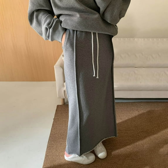 Aueoeo Women Pencil Skirt High Waist Maxi Skirt Drawstring sporty style Skirt Spring Summer Casual Long Skirts Gray L