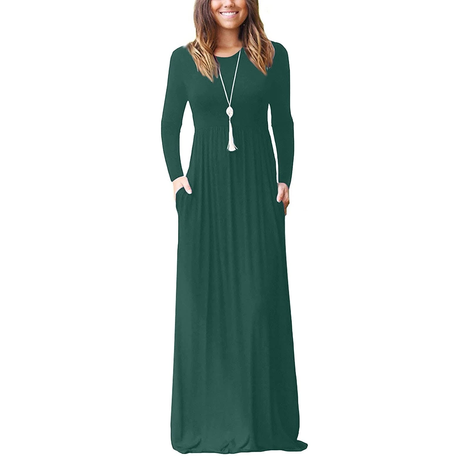 Aueoeo Women Plus Size Maxi Dress Trendy Crew Neck Long Sleeves Casual ...
