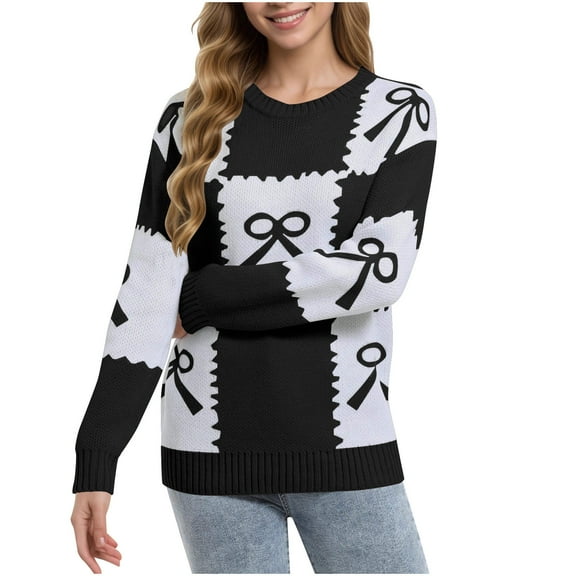 Aueoeo Women Plus Size Sweaters Crew Neck Long Sleeve Cute Bow Print Cable Knit Pullover Sweater Tops For Gifts