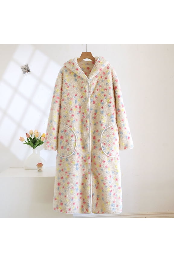 Women Printed Fuzzy Hooded Robe Fleece Lined Full Length Bathrobe Winter Warm Pajamas Button Up Nightgown