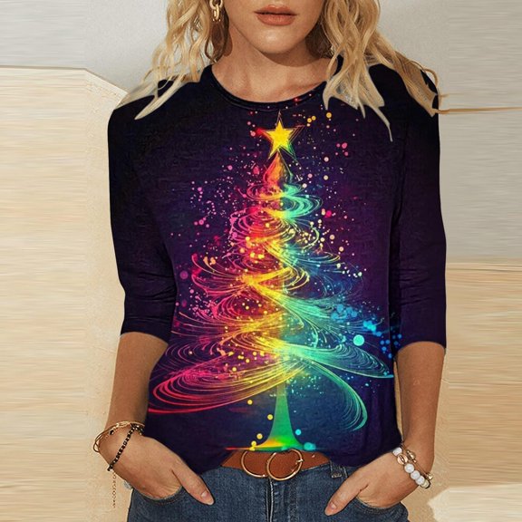 Aueoeo Women Printed Shirts Christmas Graphic Tees Long Sleeve Crew Neck Vintage Casual Comfy T Shirt Tops