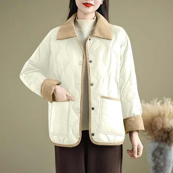 Aueoeo Women Quilted jacket Casual Long Sleeved Lapel Snap Button Loose jacket With Pocket Outwear Beige L