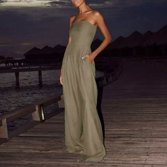 Aueoeo Women Romper Dress Jumpsuit Summer Figure-Hugging Strapless Solid Color Long Jumpsuit Formal Jumpsuits With Pockets