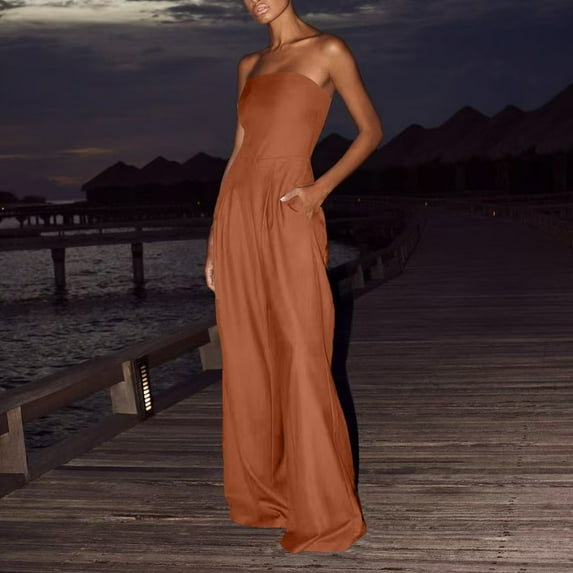 Aueoeo Women Romper Dress Jumpsuit Summer Figure-Hugging Strapless Solid Color Long Jumpsuit Formal Jumpsuits With Pockets