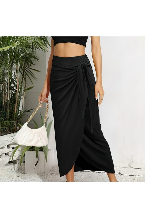 Women Ruched Pencil Skirt High Waist Wrap Tie Front Asymmetrical Long Maxi Skirts Bodycon with Slit Black M