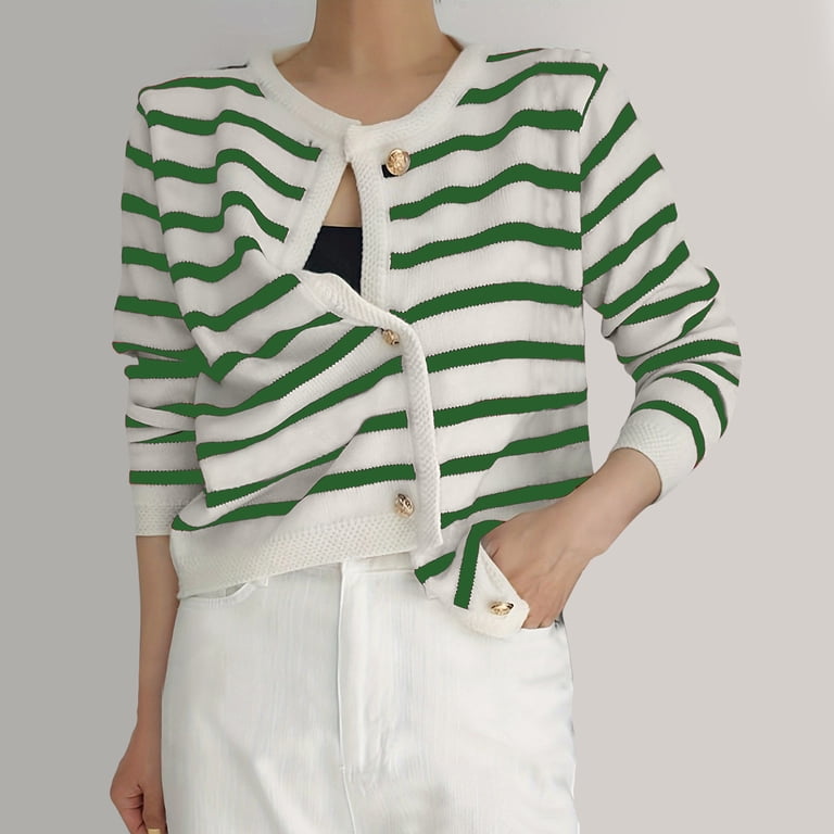 Aueoeo Women's Casual Striped Cardigan Sweaters Long Sleeve Crew Neck Lady Jacket Button -Down Open Front Coat Green S, Size: Small