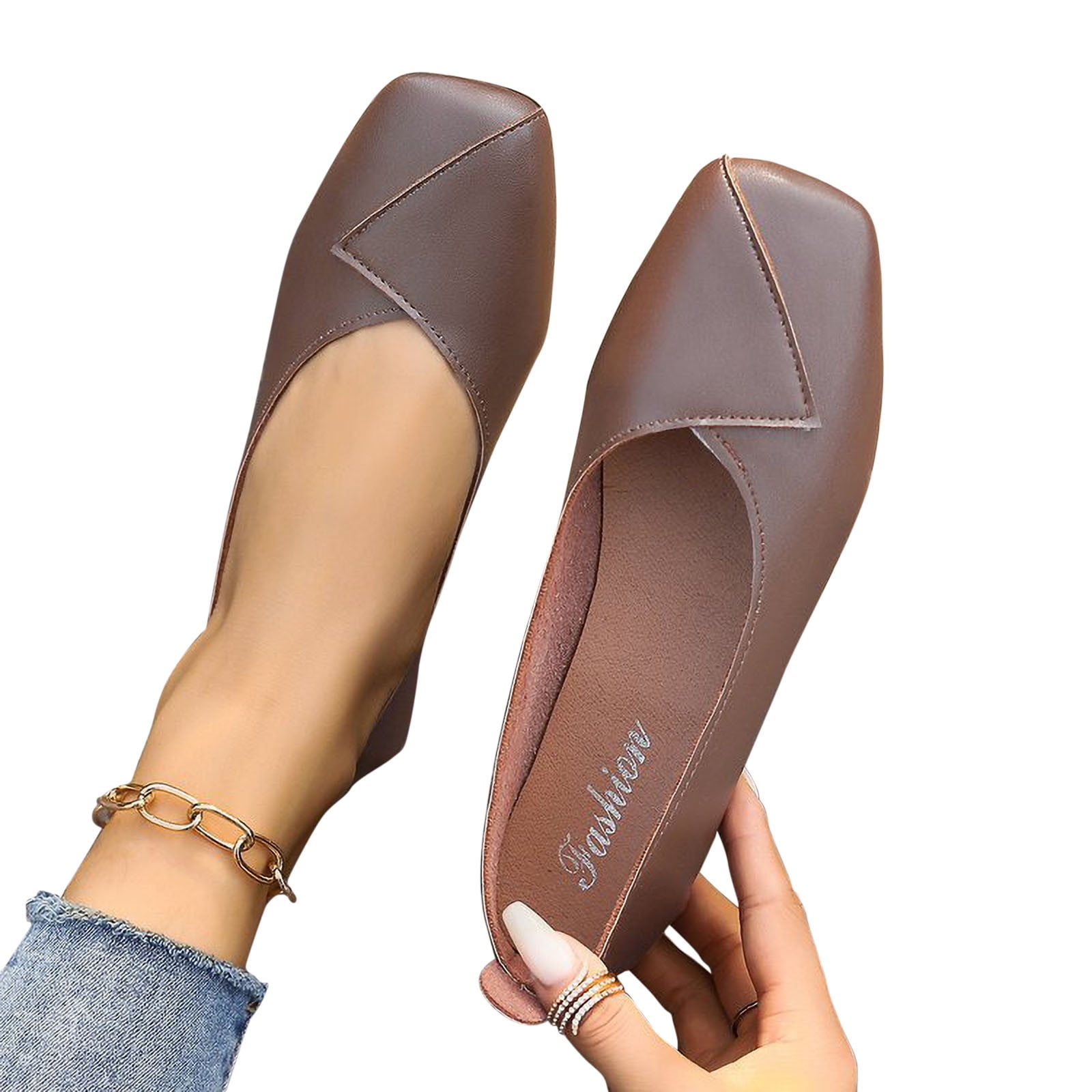 【LE ZANS BRAND COLLECTION】 Brown Minimalist Square-Toe Flat Shoes [S0030]