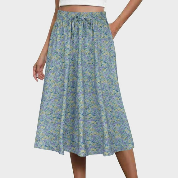 Aueoeo Women'S Flowy Skirt Midi Length Elastic High Waist A-Line Skirt Printed Pleated Skirt With Pockets Light Blue S