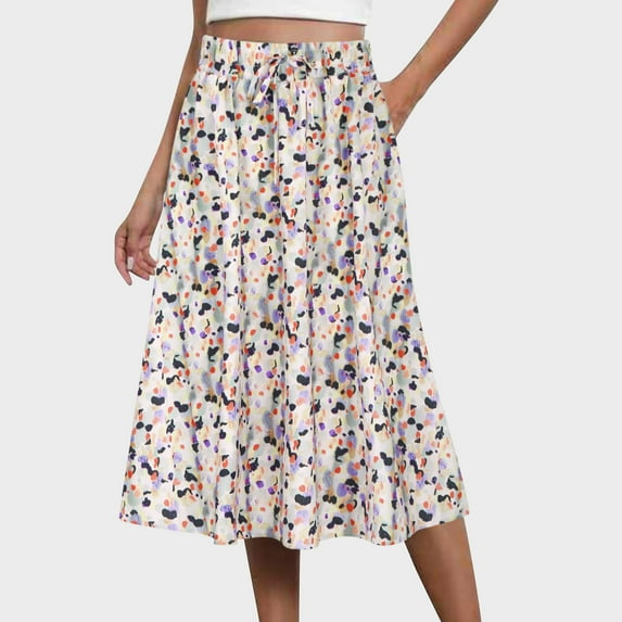 Aueoeo Women'S Flowy Skirt Midi Length Elastic High Waist A-Line Skirt Printed Pleated Skirt With Pockets White S