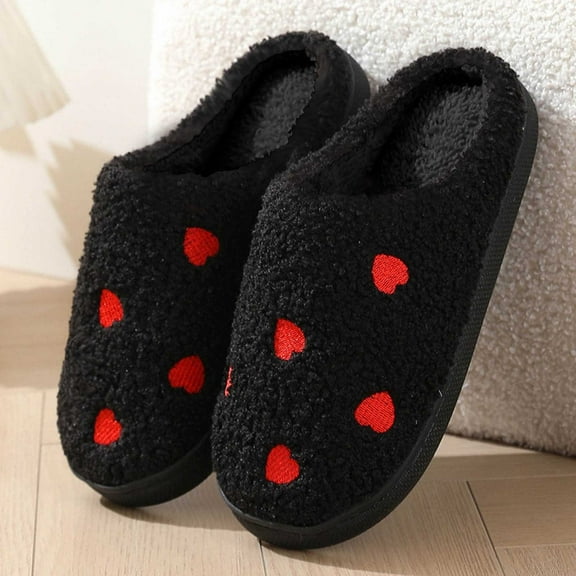 Aueoeo Women'S Preppy Slippers Heart Embroidery Comfy Warm Slip-On House Slipper For Winter Indoor Soft Cushion Non-Slip Fluffier Slides Slippers Black