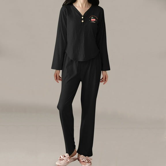 Aueoeo Women'S Sleepwears & Sleepshirts Long Sleeve V-Neck Pajamas Long Pants Two Piece Nightgowns Black M