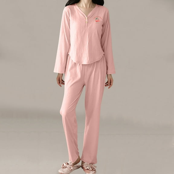Aueoeo Women'S Sleepwears & Sleepshirts Long Sleeve V-Neck Pajamas Long Pants Two Piece Nightgowns Pink M