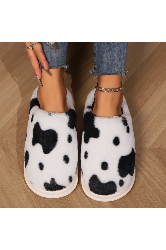 Women'S Spotted Slippers Faux Furs Winter Indoor Home Fuzzy Scuff Slippers Non Slip Fashion Fluffier Furry Cotton Slippers Black